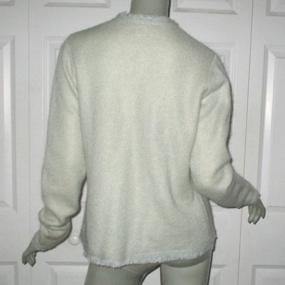 WHITE + WARREN Light Green Mohair Blend Sweater Frayed Details Large - Picture 5 of 8